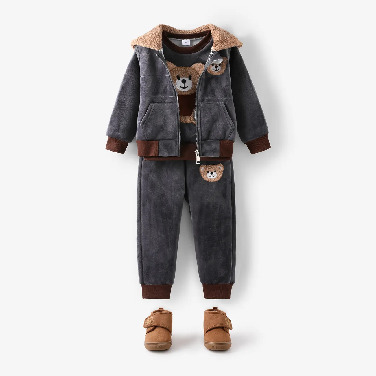3PCS Toddler Boy 3D Animal Pattern Plush Hooded Set Grey big image 1