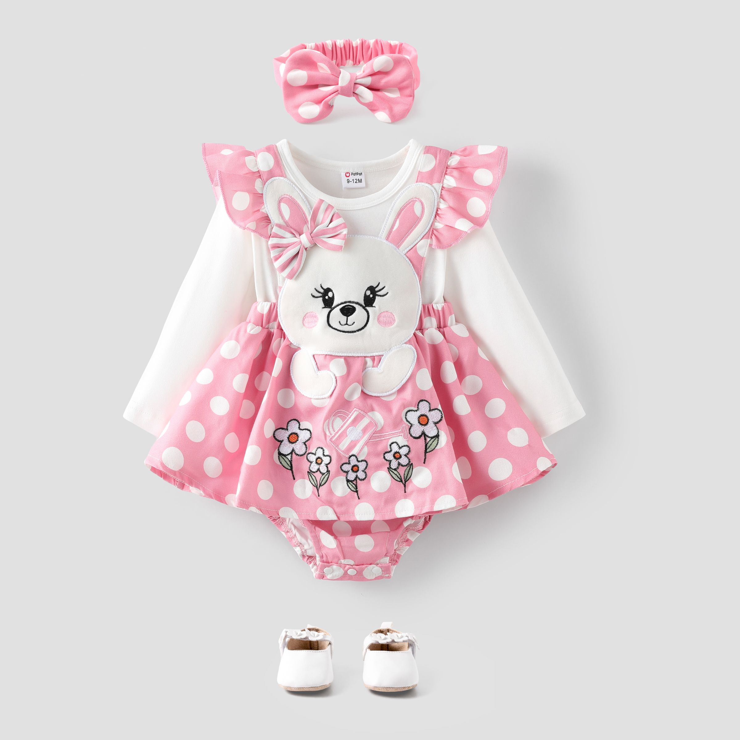 Baby Girl 2pcs Rabbit Embroidered Ruffled Romper And Headband Set/ Shoes