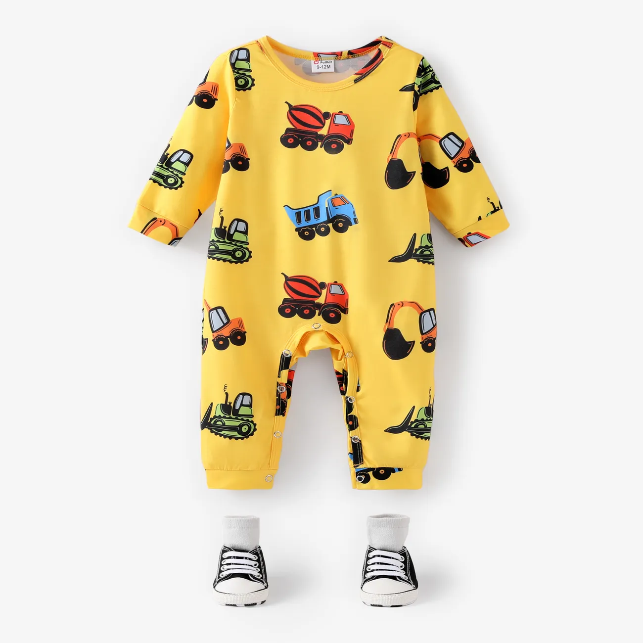Naia™ Baby Boy Allover Construction Vehicle Print Long-sleeve Jumpsuit Yellow big image 1