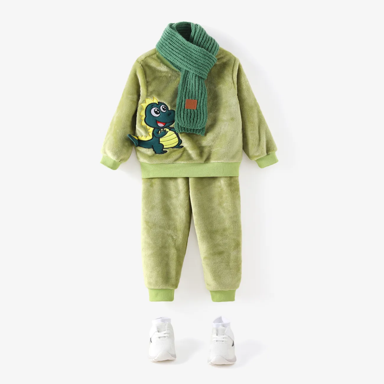 2pcs Toddler Boy Playful Dinosaur Embroidered Flannel Fleece Sweatshirt and Pants Set Green big image 1