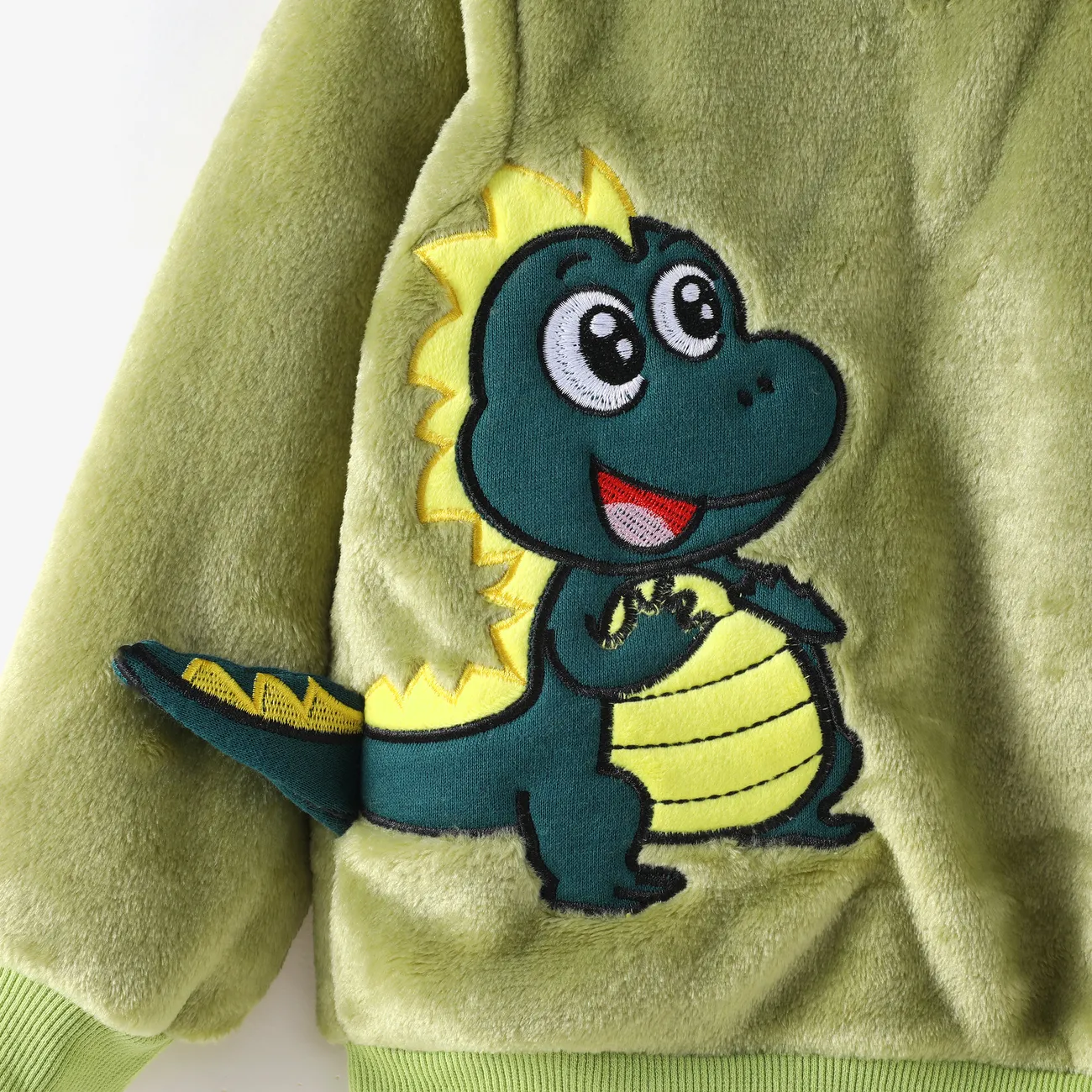 2pcs Toddler Boy Playful Dinosaur Embroidered Flannel Fleece Sweatshirt and Pants Set Green big image 1