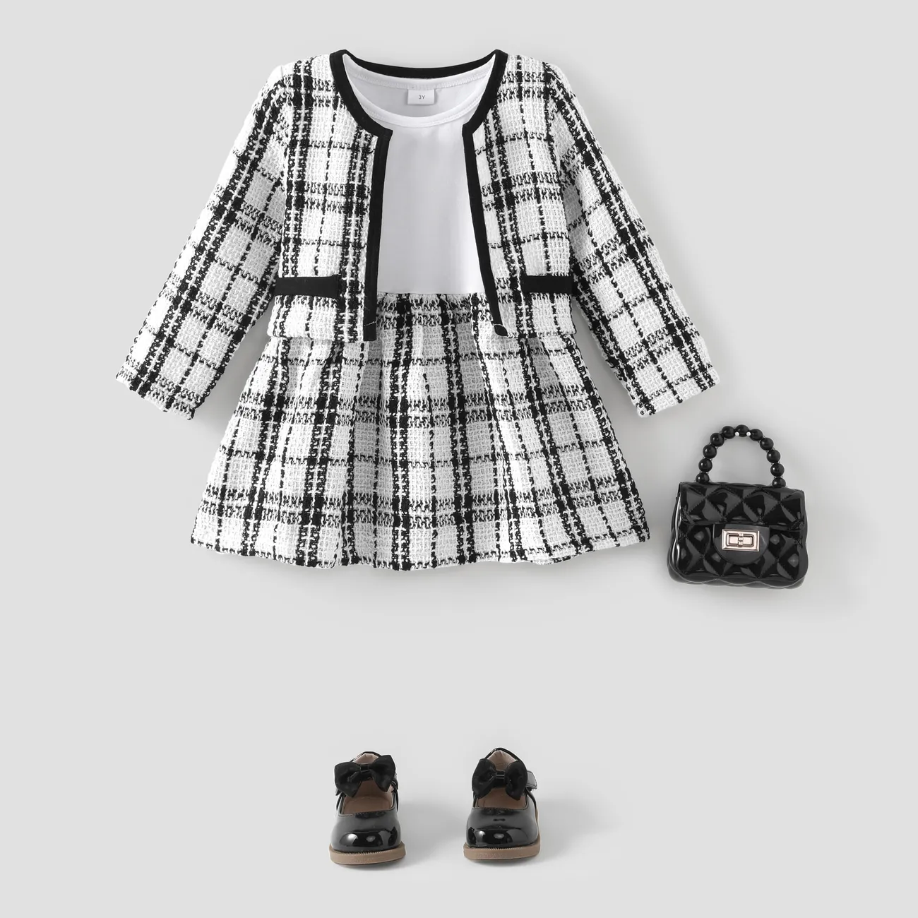 2-قطعة طفل صغير فتاة طويلة الأكمام الأبيض منقوشة خياطة فستان من التويد ومجموعة سترة أسود / أبيض big image 1
