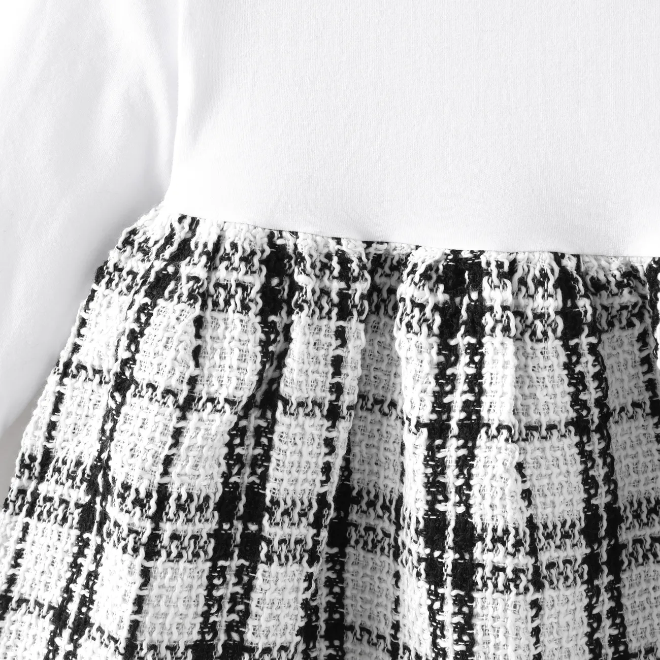 2-قطعة طفل صغير فتاة طويلة الأكمام الأبيض منقوشة خياطة فستان من التويد ومجموعة سترة أسود / أبيض big image 1