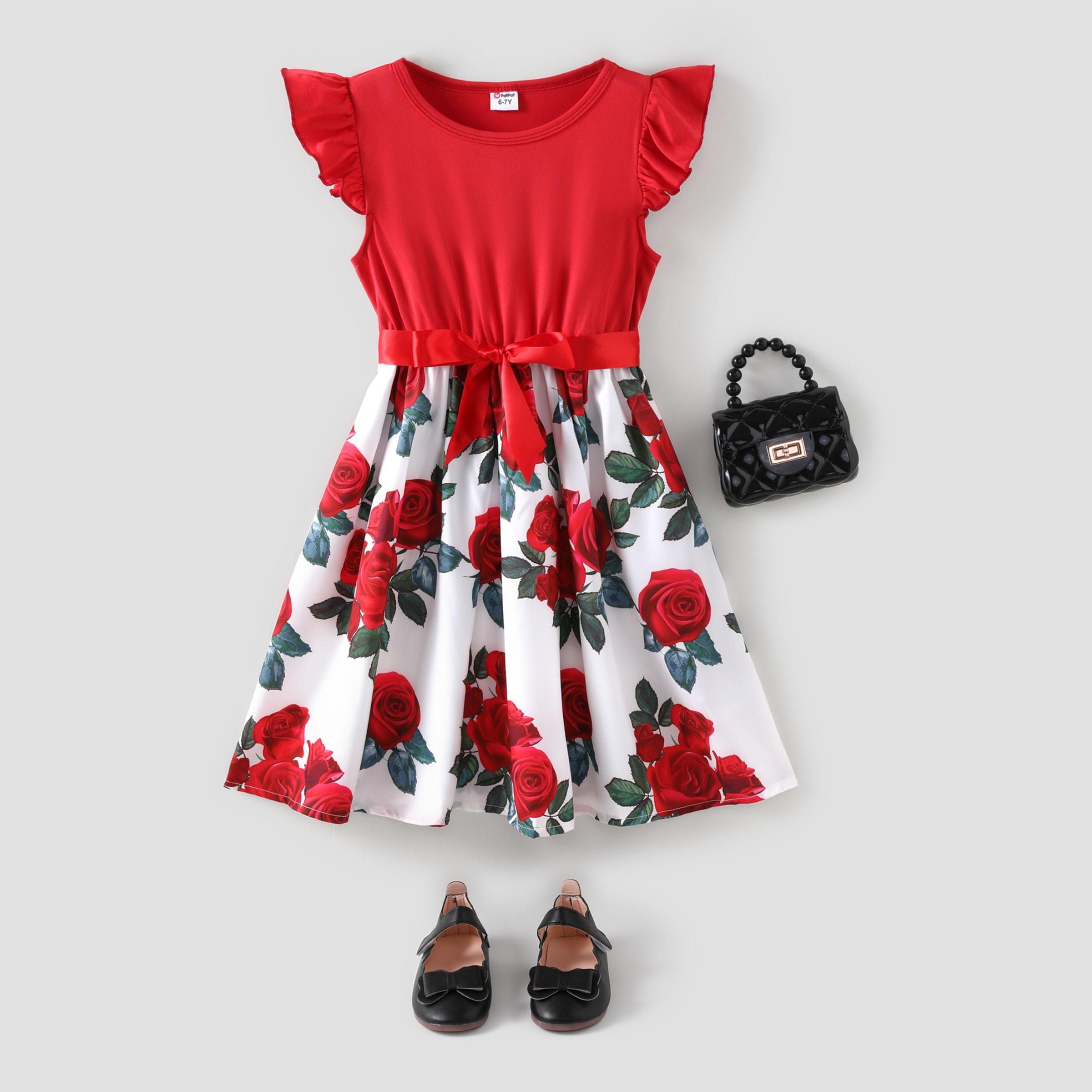 Kid Girl Floral Print Splice Belted Flutter-sleeve Dress/ Handbag/ Bow Decor Shoes