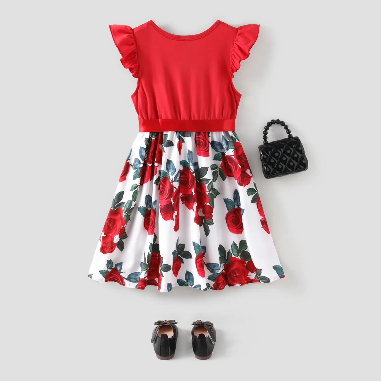 Kid Girl Floral Print Splice Belted Flutter-sleeve Dress Red big image 1