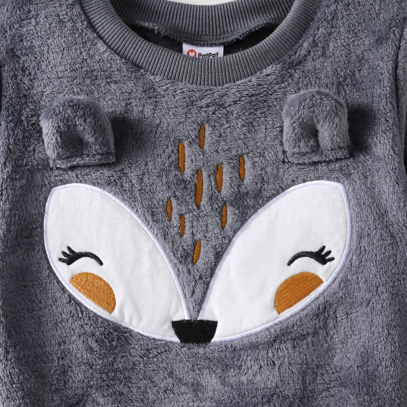 2-piece Toddler Girl/Boy Fox Pattern Ear Design Fuzzy Sweatshirt and Pants Set Dark Grey big image 1