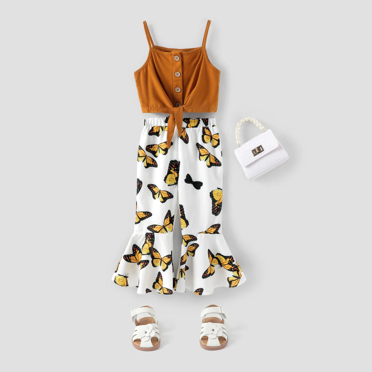 2-piece Toddler Girl Button Design Tie Knot Camisole Tank and Butterfly Print Flared Pants Set Brown big image 1