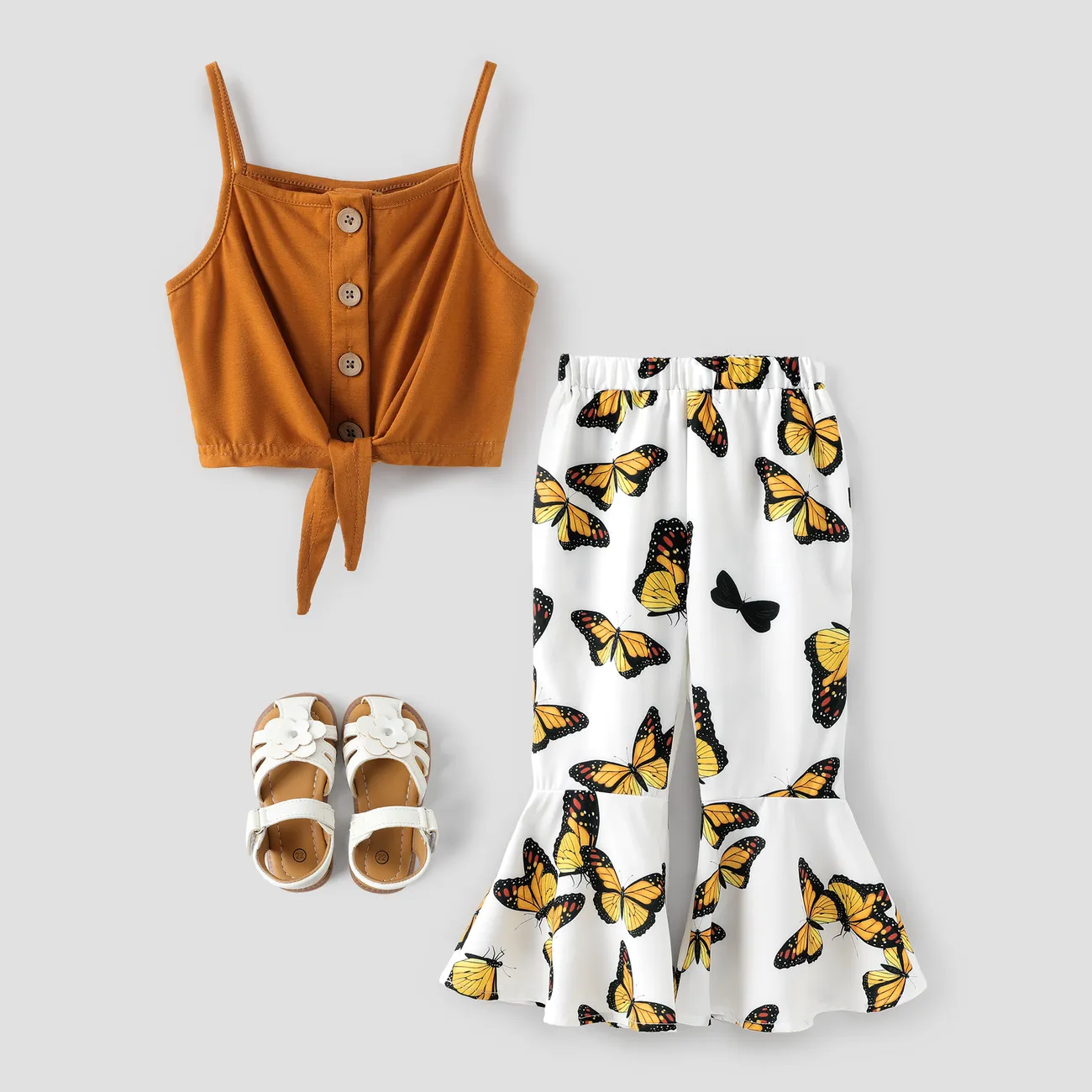 Brown - 2-piece Toddler Girl Button Design Tie Knot Camisole Tank and Butterfly Print Flared Pants Set - image 7