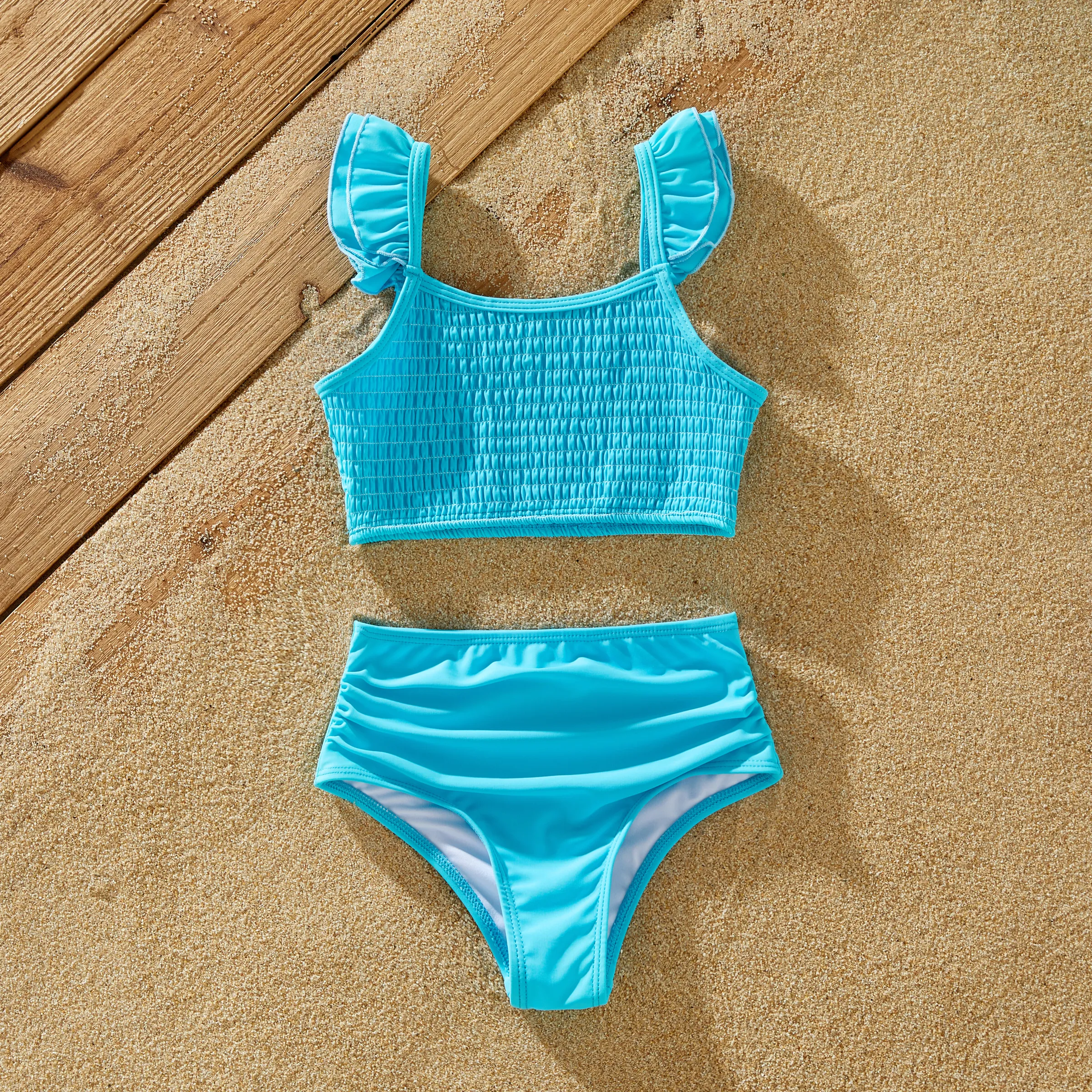 Family Matching Colorblock Drawstring Swim Trunks Or Shirred Ruffle Strap Two-Piece Swimsuit