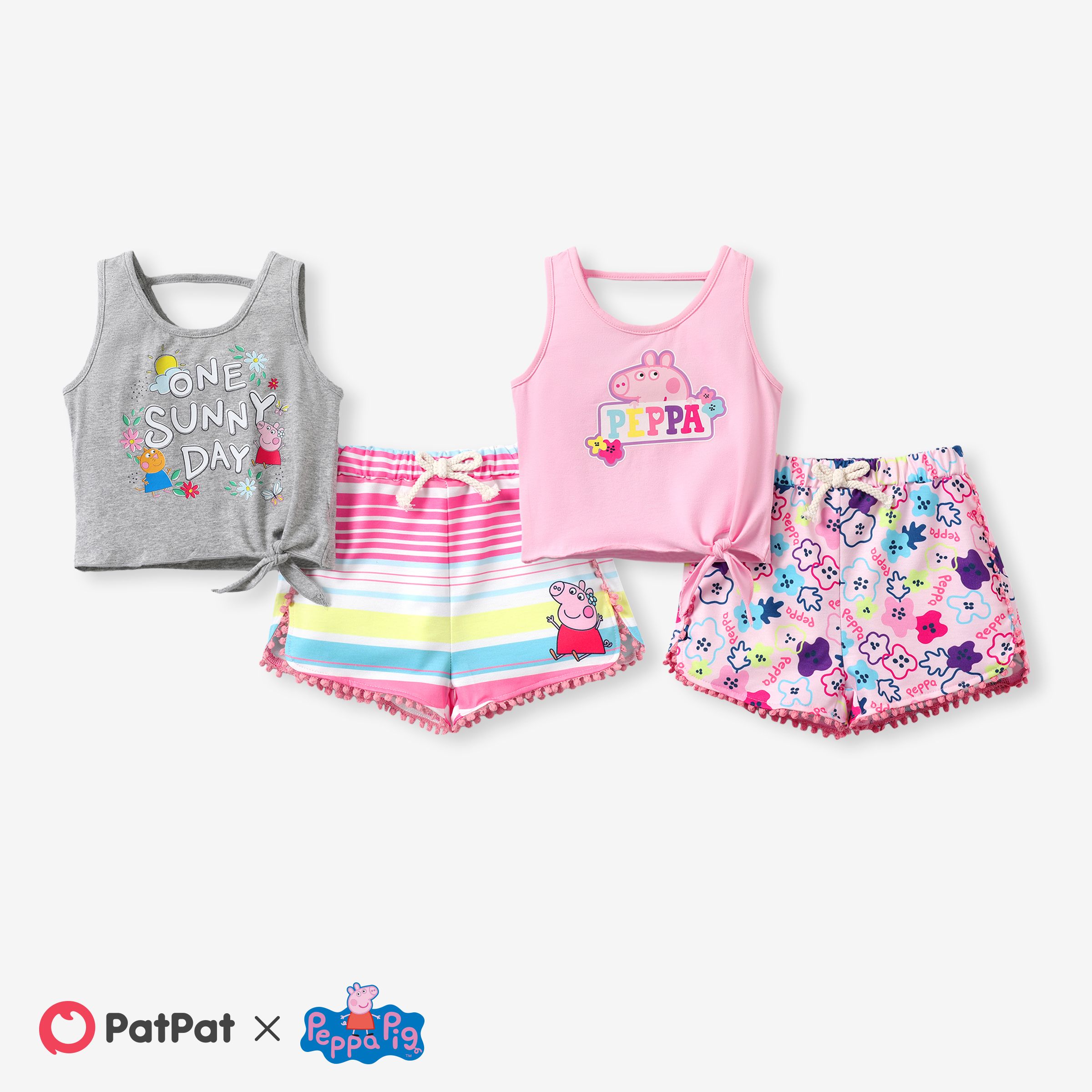 

Peppa Pig 2pcs Toddler Girls Character Print Tank Top and Striped/ all-over Floral Print Shorts Set