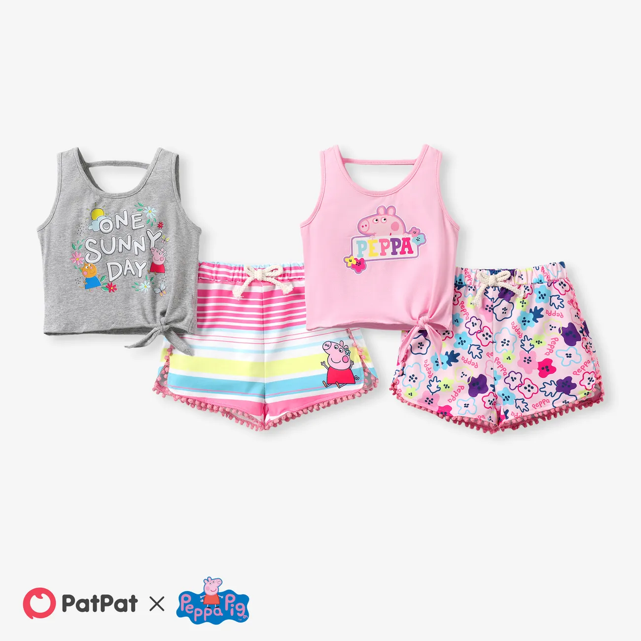 Peppa Pig 2pcs Toddler Girls Character Print Tank Top and Striped/ all-over Floral Print Shorts Set
 Grey big image 1