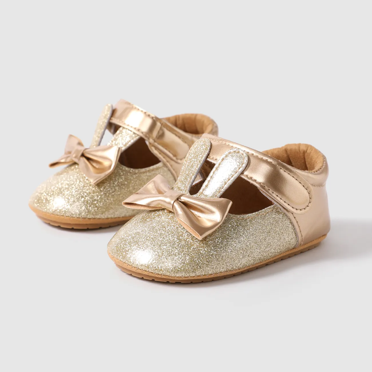 Baby Girl Solid Hyper-Tactile 3D Rabbit and Bowtie Design Velcro Prewalker Shoes  Gold big image 1