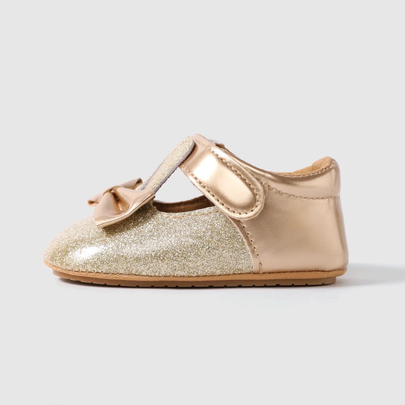 Baby Girl Solid Hyper-Tactile 3D Rabbit and Bowtie Design Velcro Prewalker Shoes  Gold big image 1