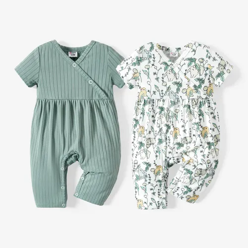 Baby Girl All Over Rabbit Print/Solid color/Floral print Ribbed V Neck Short-sleeve Jumpsuit