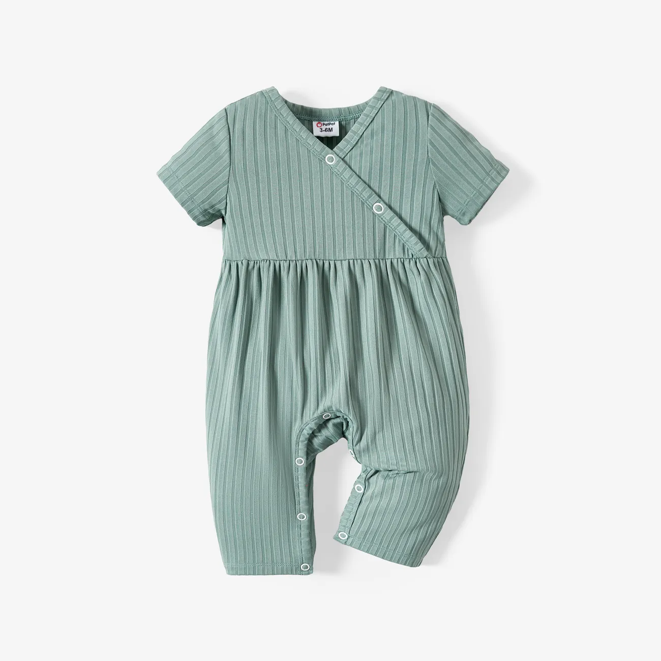 Baby Girl All Over Rabbit Print/Solid color/Floral print Ribbed V Neck Short-sleeve Jumpsuit GrayGreen big image 1