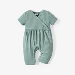 Baby Girl All Over Rabbit Print/Solid color/Floral print Ribbed V Neck Short-sleeve Jumpsuit GrayGreen