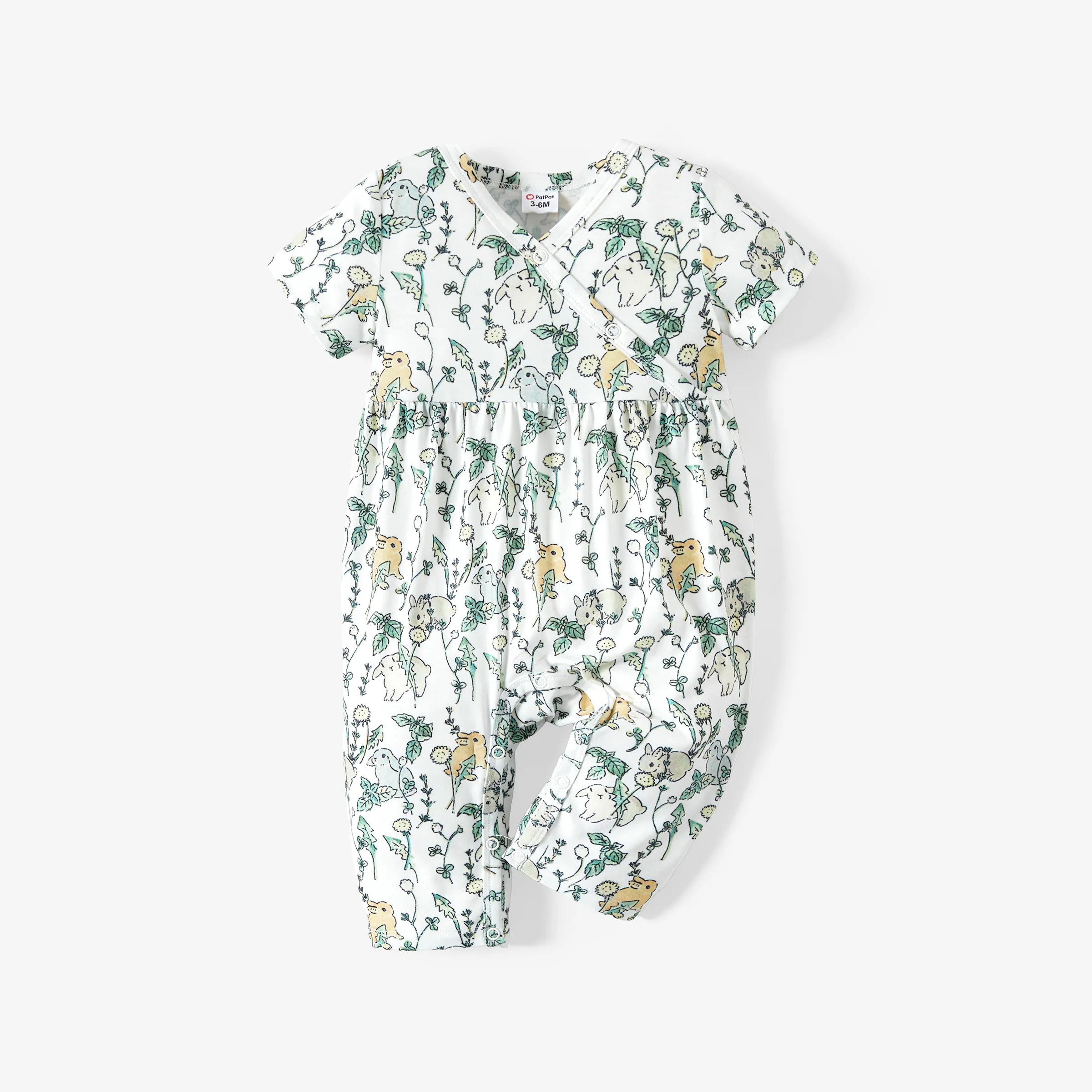 Baby Girl All Over Rabbit Print/Solid Color/Floral Print Ribbed V Neck Short-sleeve Jumpsuit