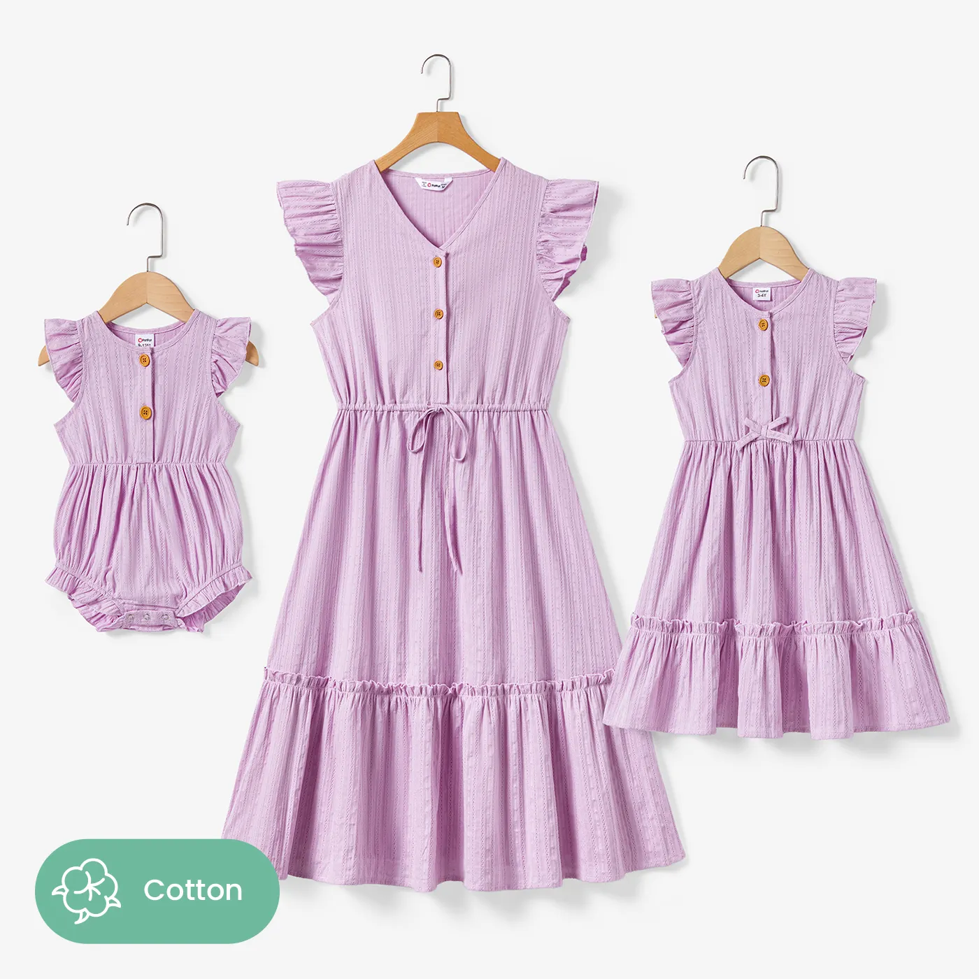 Mommy And Me Solid Color Purple Button Cotton V-neck Tiered Dress