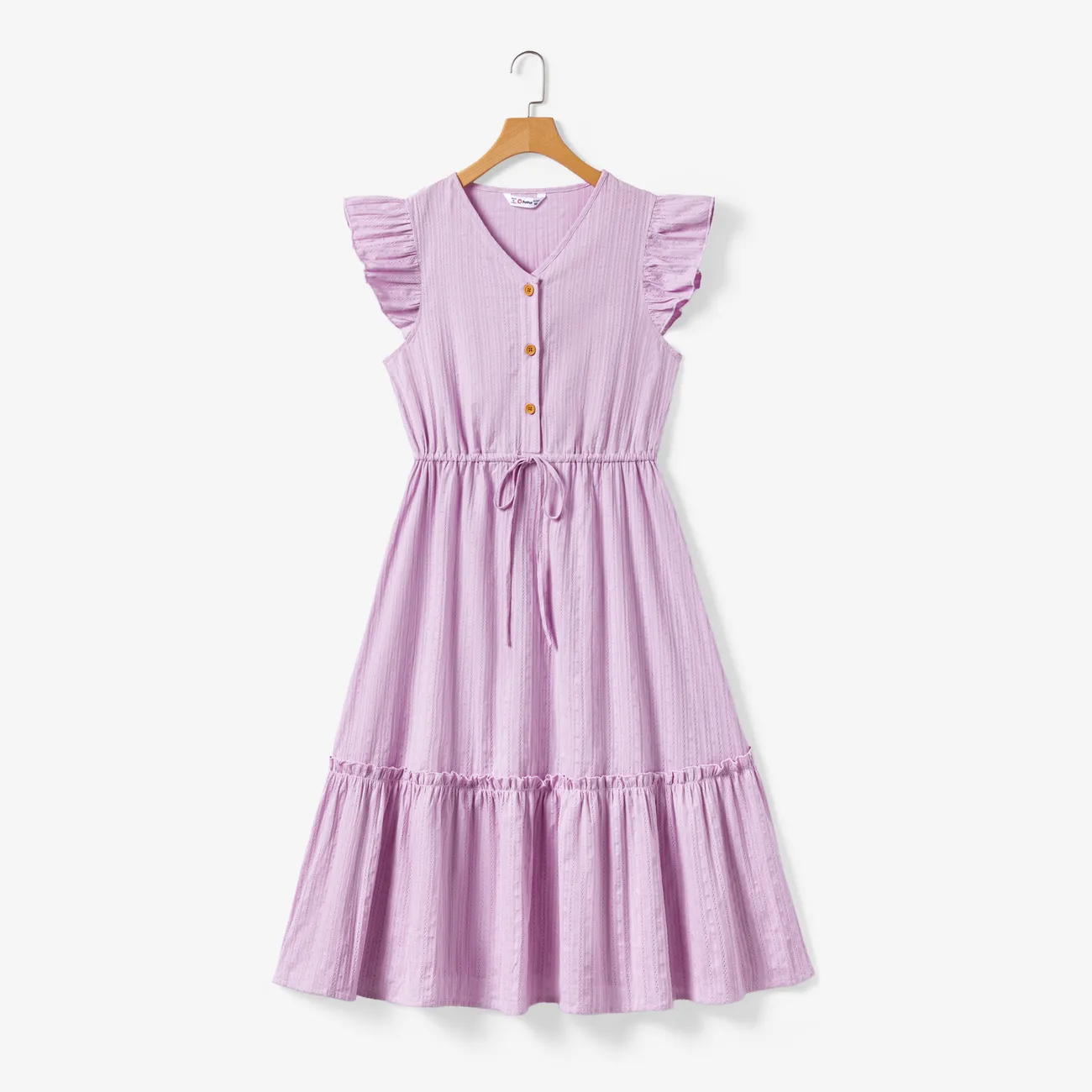 Mommy and Me Solid Color Purple Button Cotton V-neck Tiered Dress Light Purple big image 1