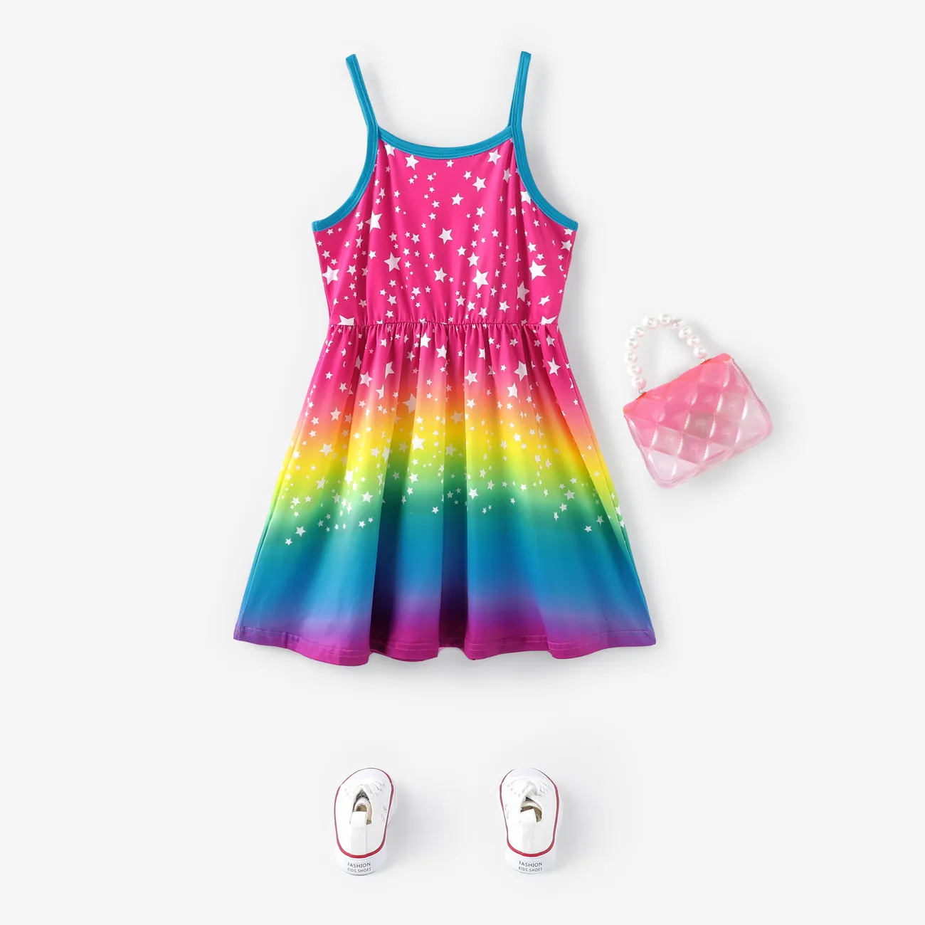 Kid Girl Unicorn Star Print Colorblock Slip Dress Pink big image 1