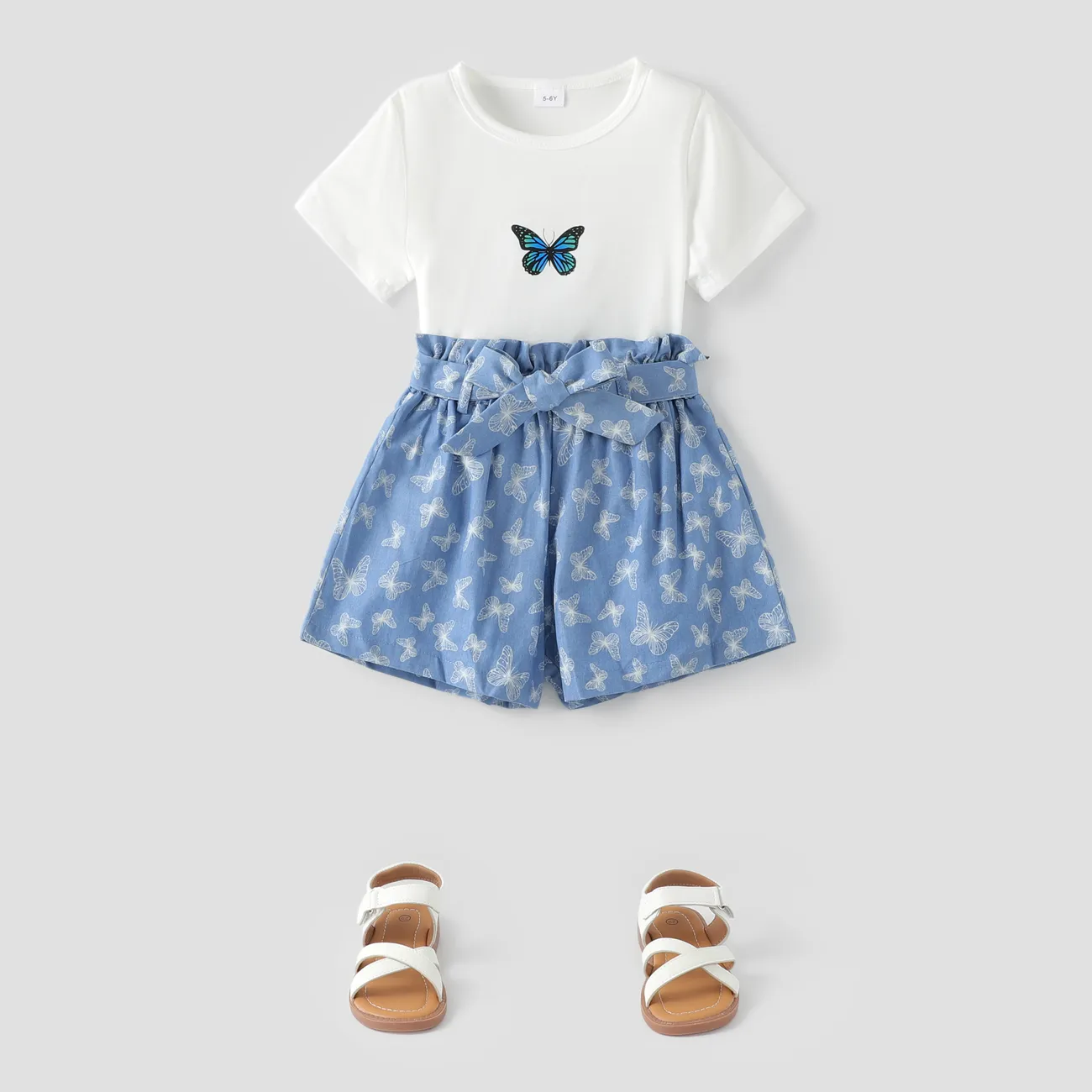 2pcs Kid Girl Butterfly Print Short-sleeve Tee and Belted Shorts Set Blue big image 1