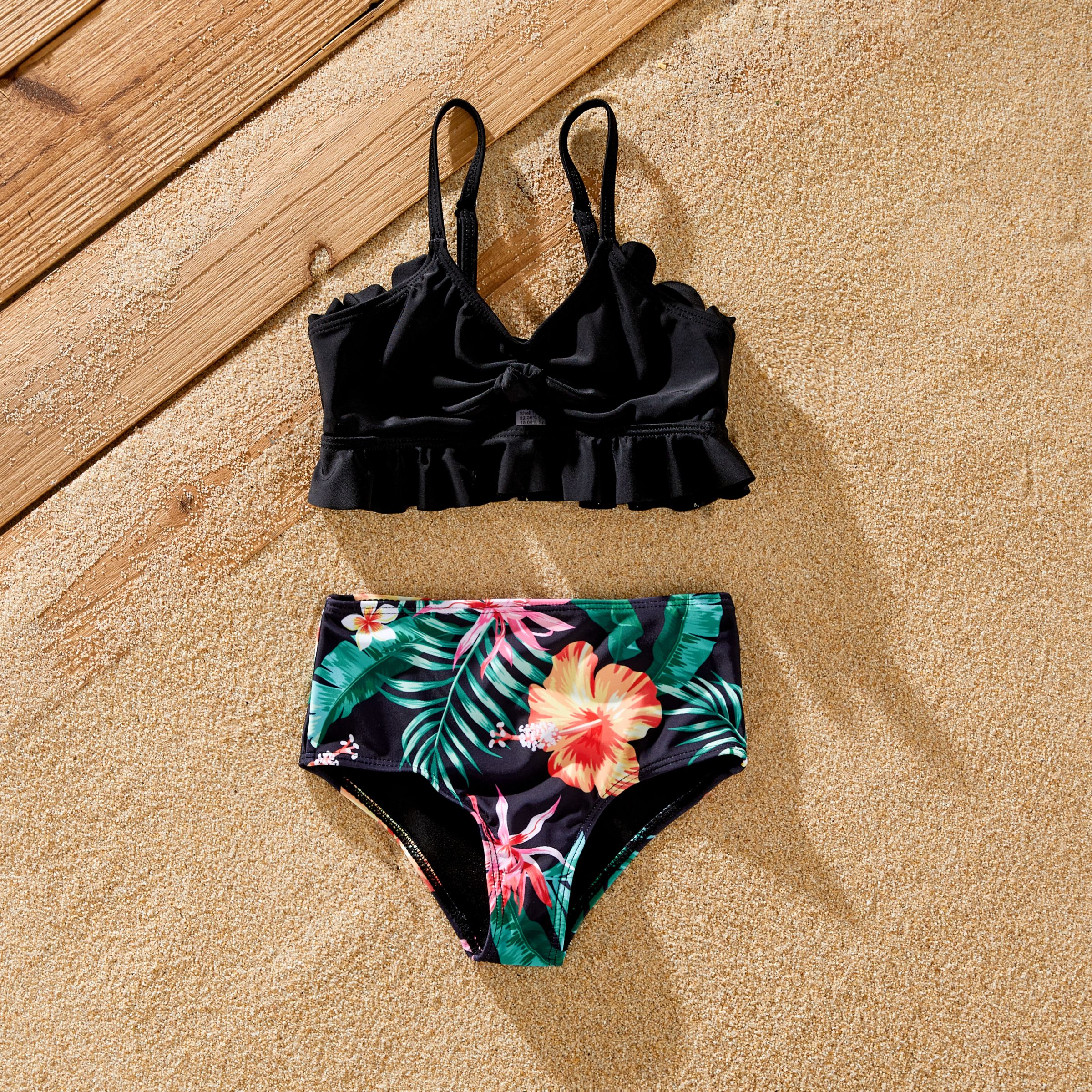 Family Matching Tropical Floral Drawstring Swim Trunks Or Shell Edge Bikini