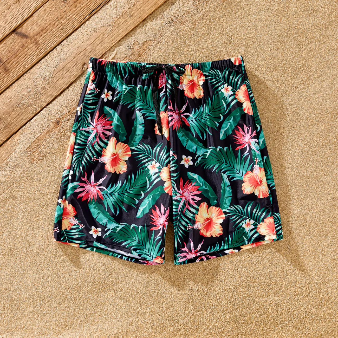 Family Matching Tropical Floral Drawstring Swim Trunks or Shell Edge Bikini Black big image 1