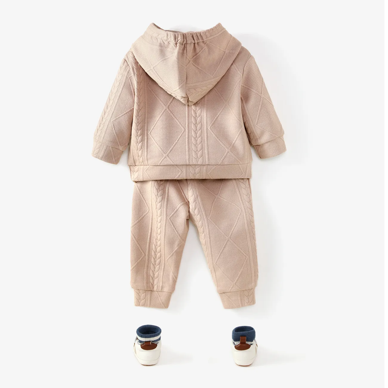 2pcs Baby Boy/Girl Deer Embroidered Long-sleeve Textured Hoodie and Sweatpants Set Khaki big image 1