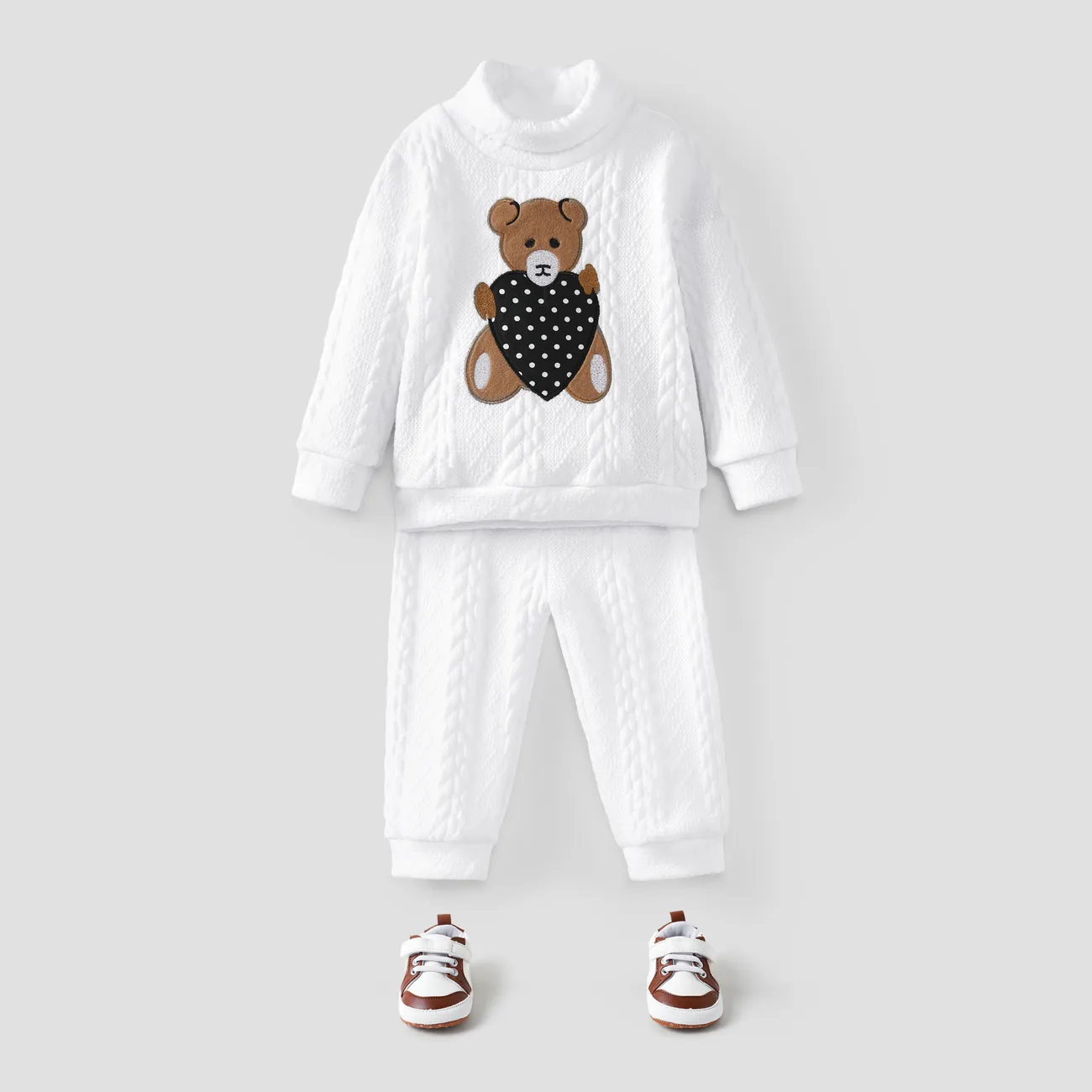 2pcs Teddy and Heart Applique Knitted Turtleneck Long-sleeve White Baby Set White big image 1