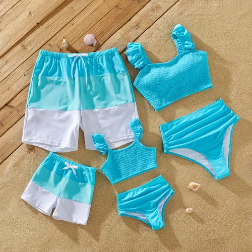 Family Matching Colorblock Drawstring Swim Trunks or Shirred Ruffle Strap Two-Piece Swimsuit 