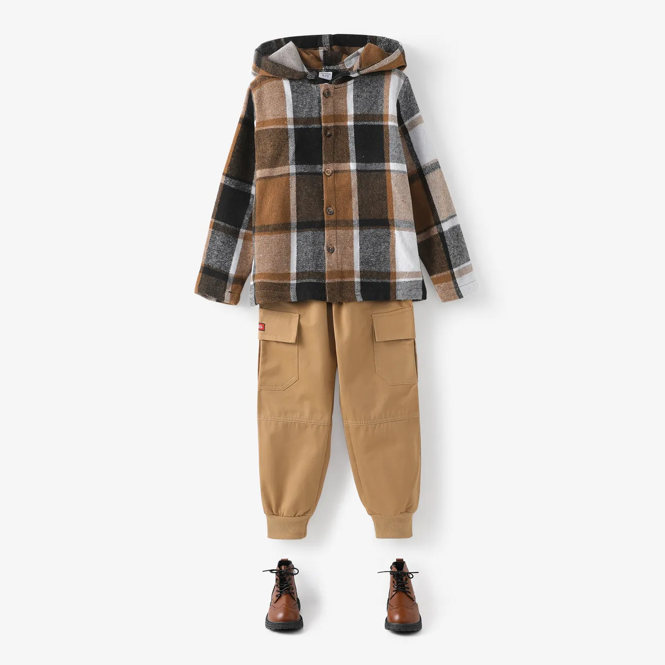 Kid Boy com capuz xadrez mangas compridas camisa jaqueta Cor de Caqui big image 1