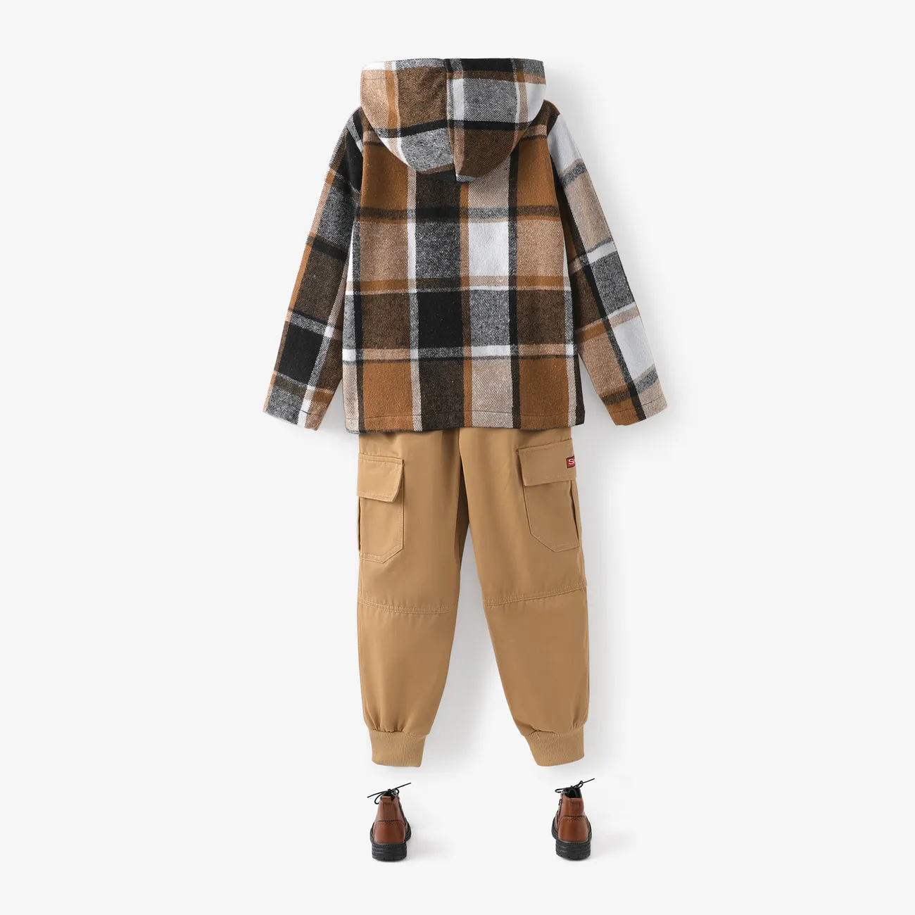 Kid Boy Hooded Plaid Long sleeves Shirt Jacket Khaki big image 1