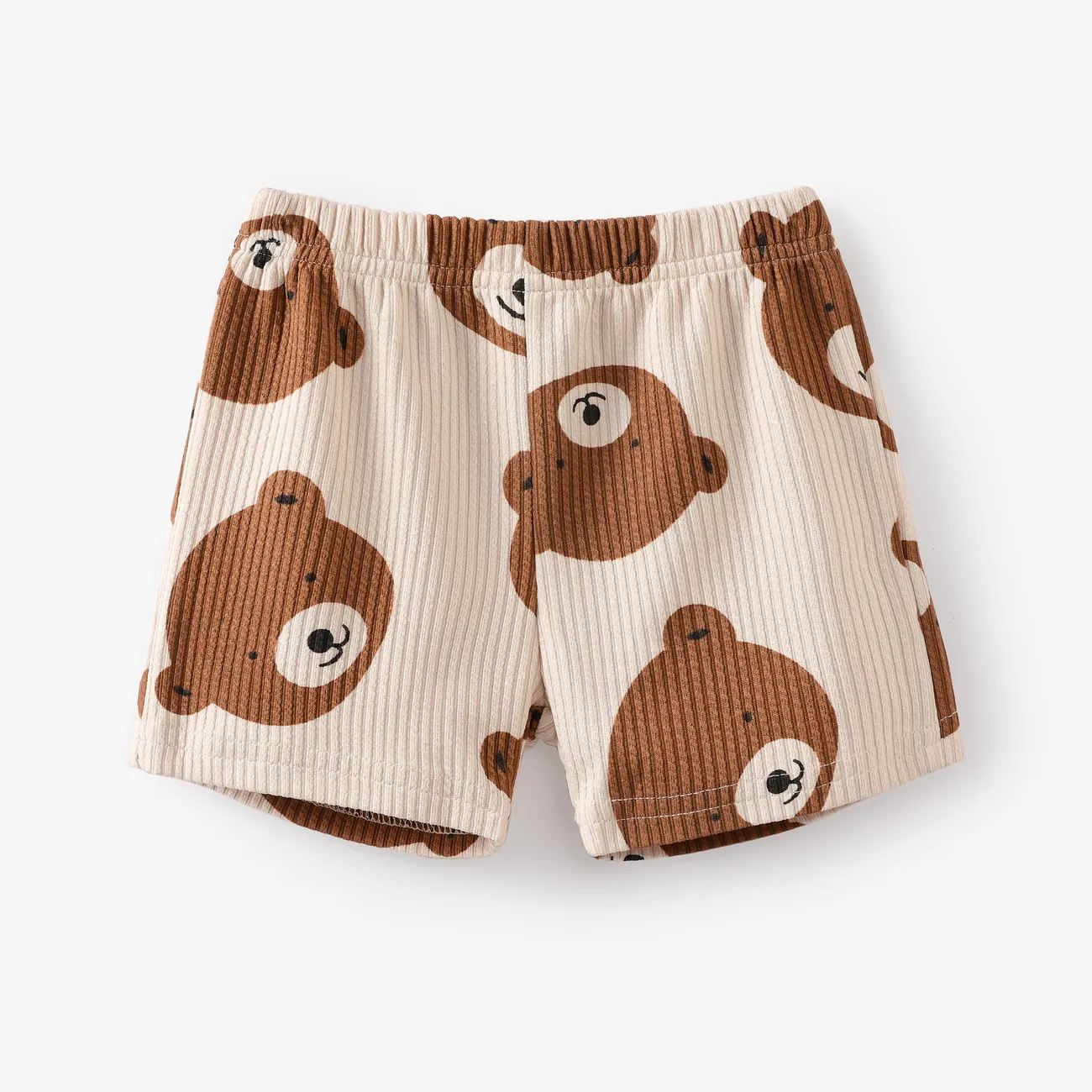 2pcs Baby Boy/Girl Ribbed Short-sleeve All Over Cartoon Bear Print Top and Shorts Set Ginger big image 1