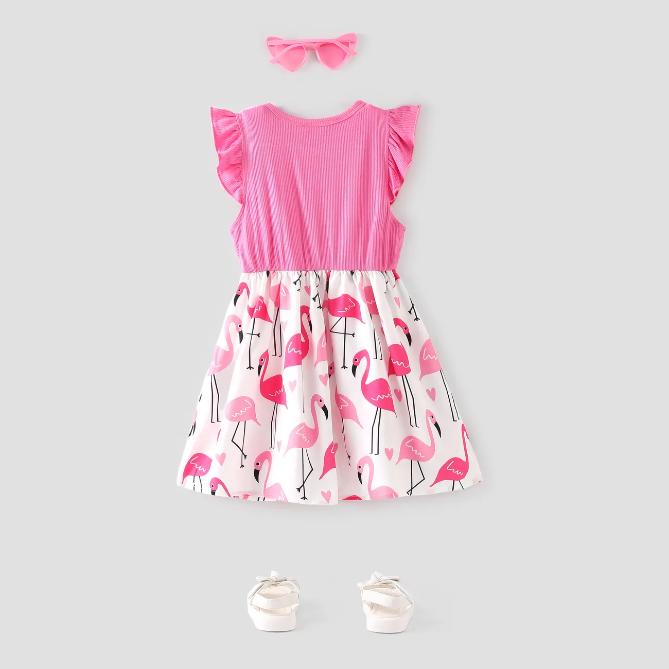 Toddler Girl Ribbed Flamingo Allover Ruffle Decor Flutter-sleeve Dress Peach* big image 1