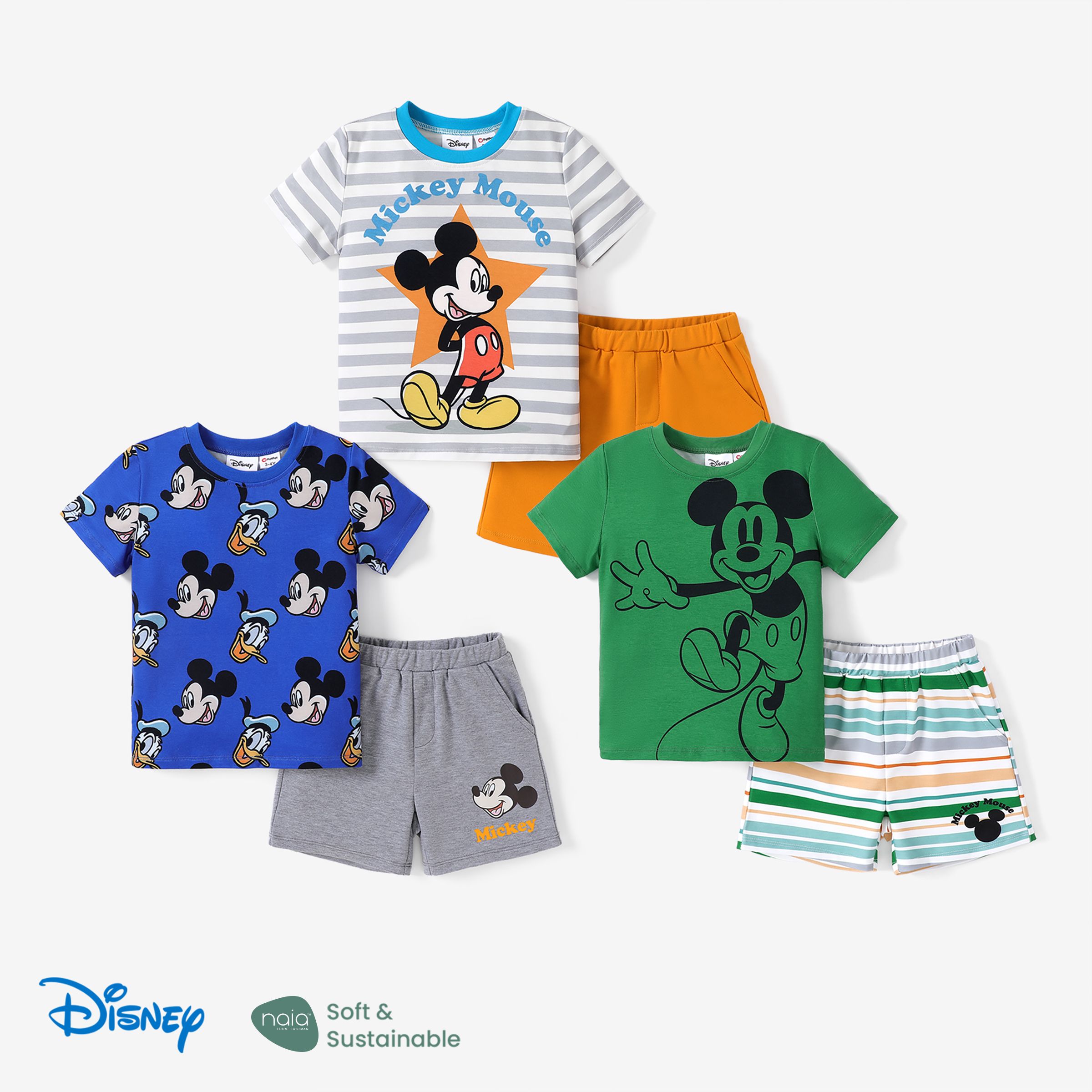 迪士尼米奇和朋友們 2 件套幼兒男孩/女孩 Naia™ 角色通體條紋印花 T 恤和短褲套裝