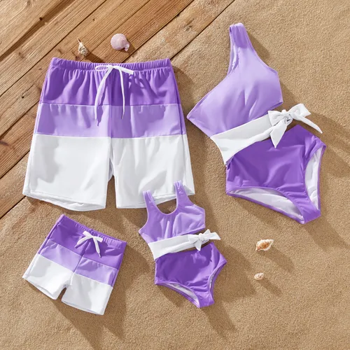 Family Matching Color-block Swim Trunks or One-shoulder Side Knot One-Piece Swimsuit (Quick-Dry)
