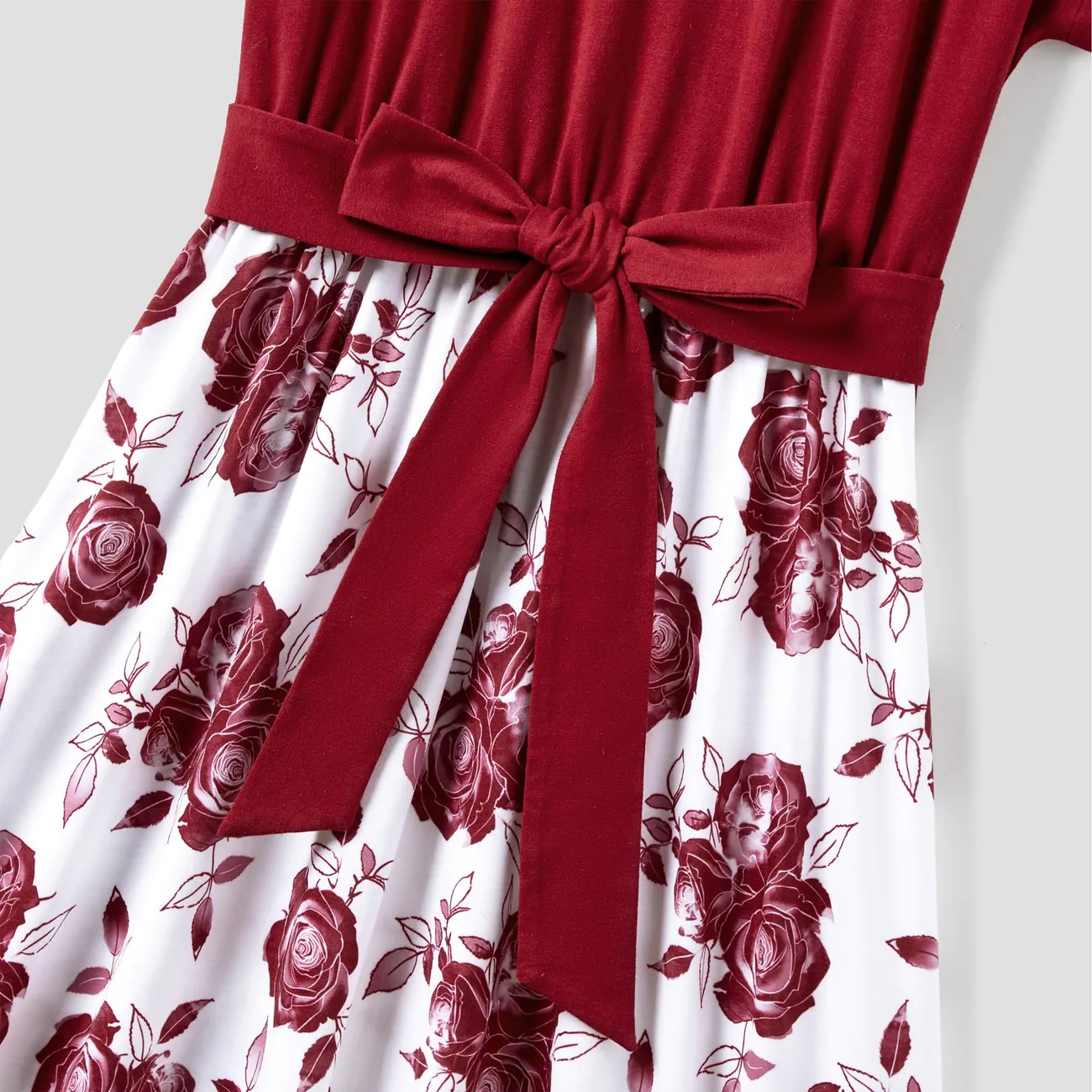 Family Matching Color Block Tee and Button Belted Spliced A-Line Dress Sets Burgundy big image 1