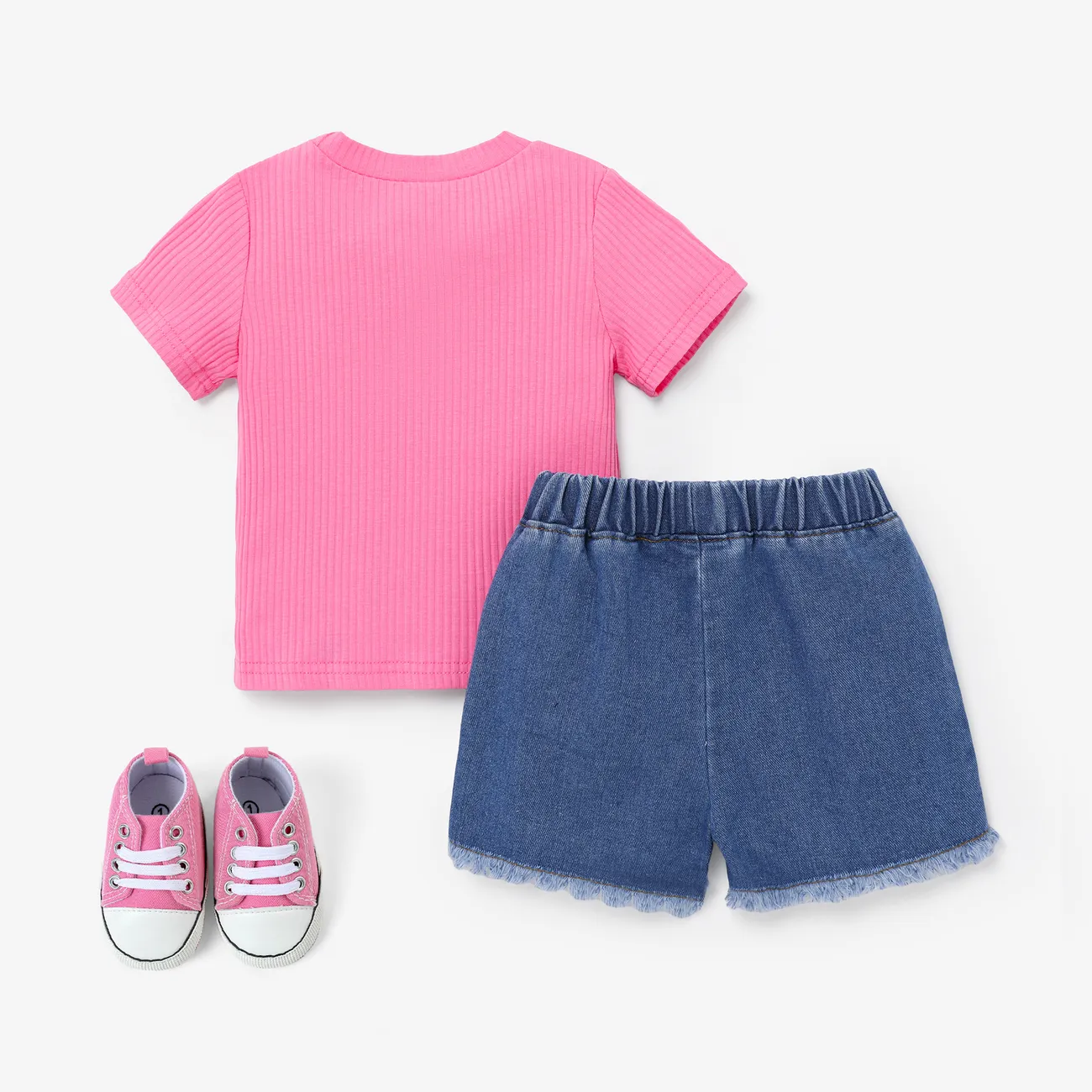 Baby Girl Sweet Embroidered Bear Print Tee amd Denim Shorts Set Pink big image 1