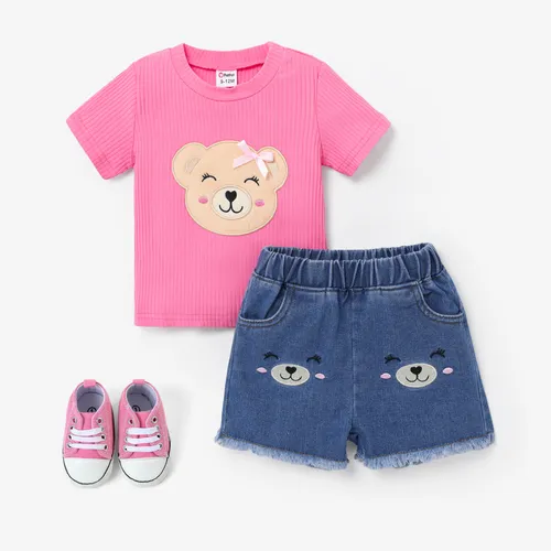 Camiseta Baby Girl Sweet Bordado Bear Print y Conjunto de Pantalones Cortos de Mezclilla