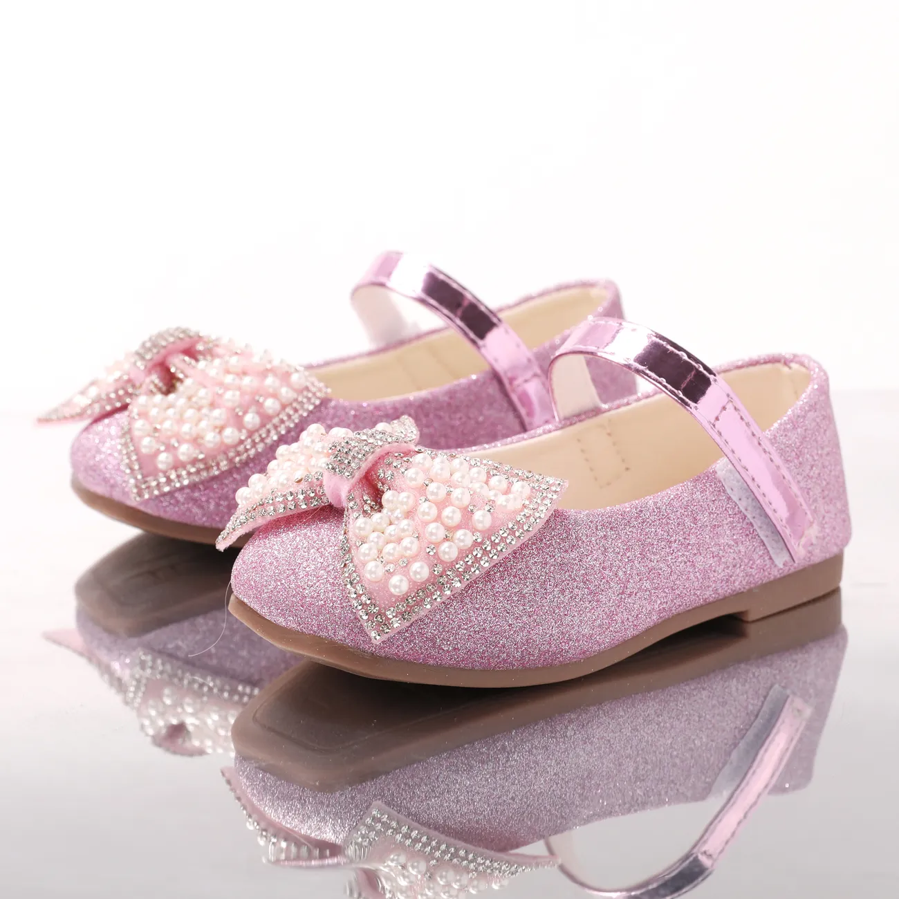 Toddler/Kids Girl Elegant Hyper-Tactile 3D Bowtie Glitter Velcro Leather Shoes Pink big image 1