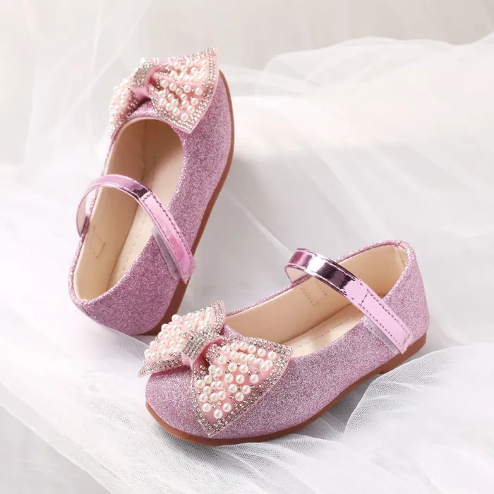 Enfant en bas âge/Enfants Fille Élégant Hyper-Tactile 3D Noeud Papillon Paillettes Velcro Chaussures En Cuir