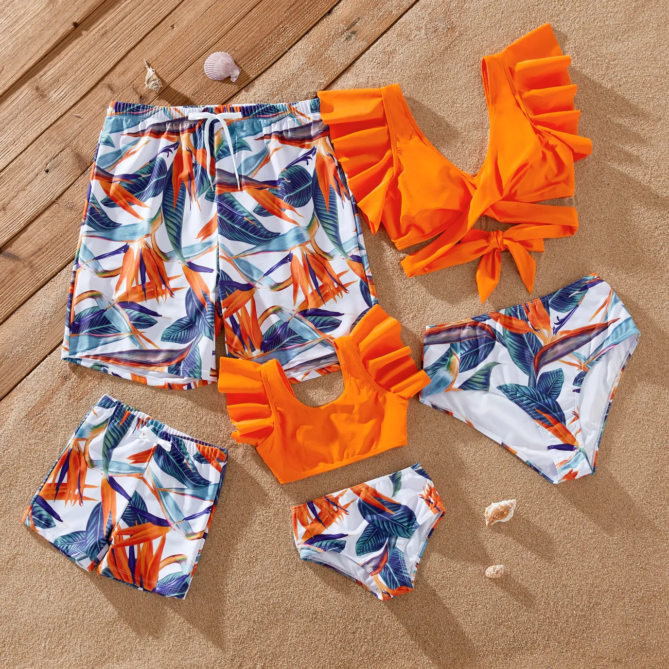 Family Matching Drawstring Swim Trunks or Orange Floral Ruffle Sleeves Cross Bikini Orange color big image 1