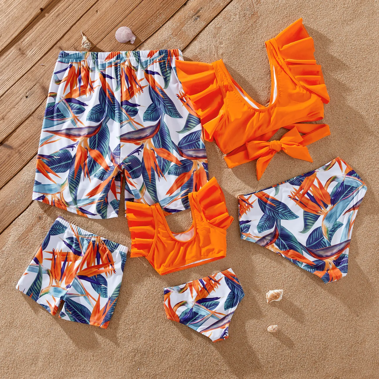Family Matching Drawstring Swim Trunks or Orange Floral Ruffle Sleeves Cross Bikini Orange color big image 1