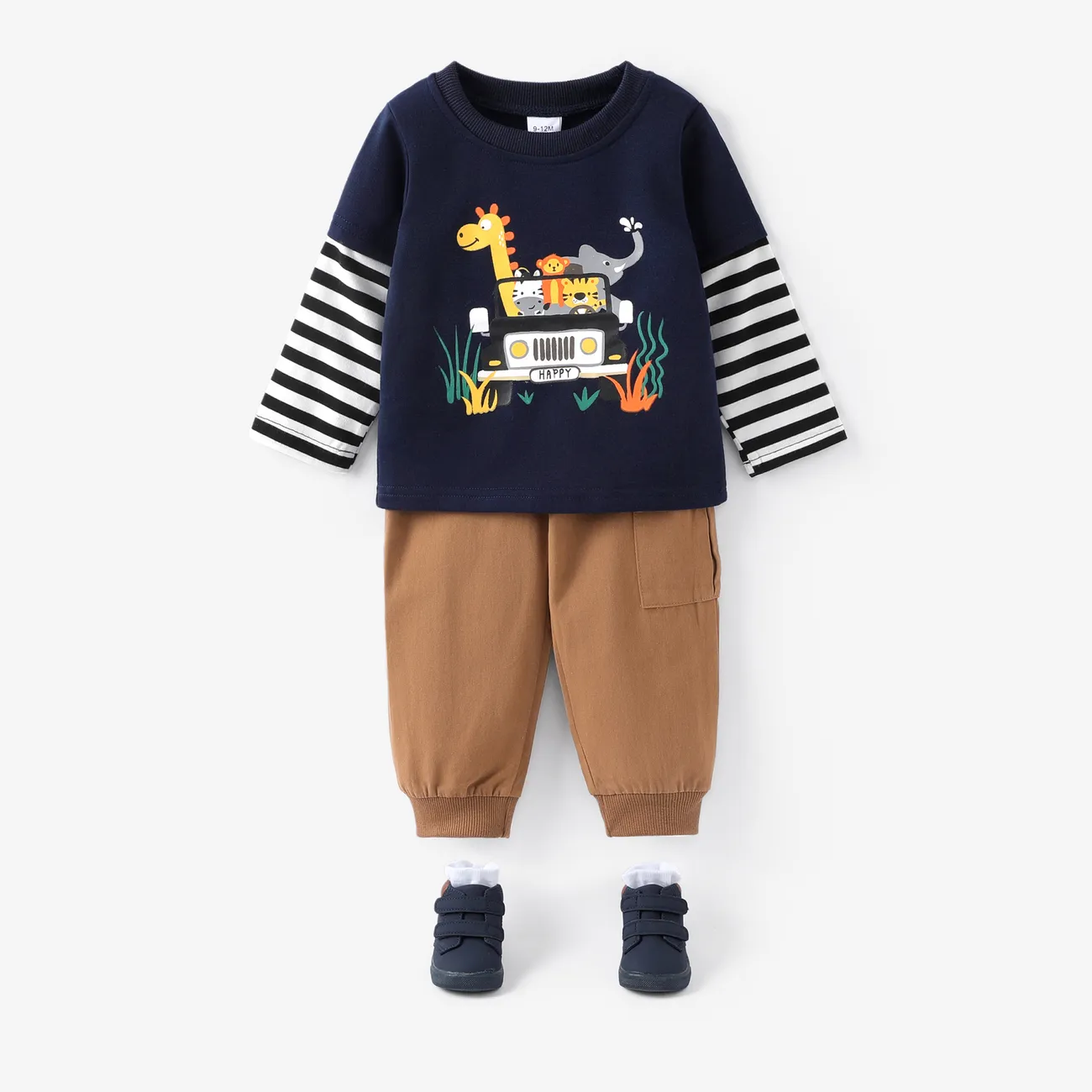 2pcs Baby Boy 100% Cotton Solid Flap Pocket Cargo Pants and Graphic Print Striped Long-sleeve Faux-two Tee Set Tibetan blue big image 1