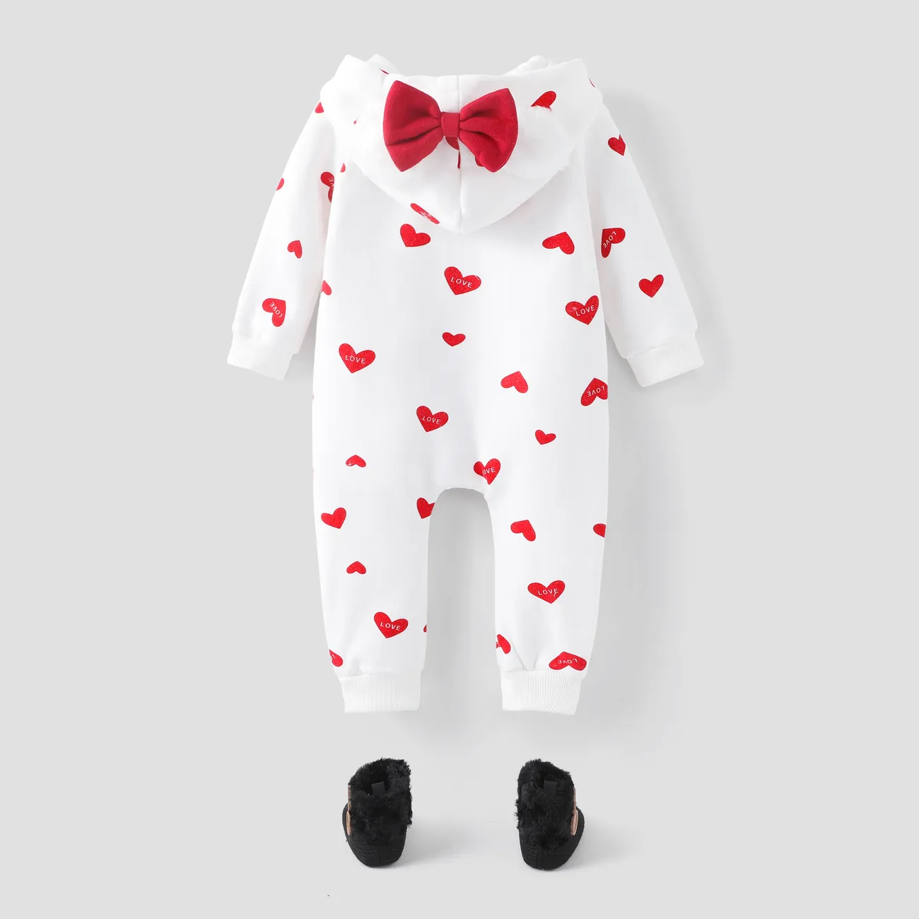 Heart or Strawberry Allover 3D Ear Decor Hooded Long-sleeve Baby Jumpsuit White big image 1