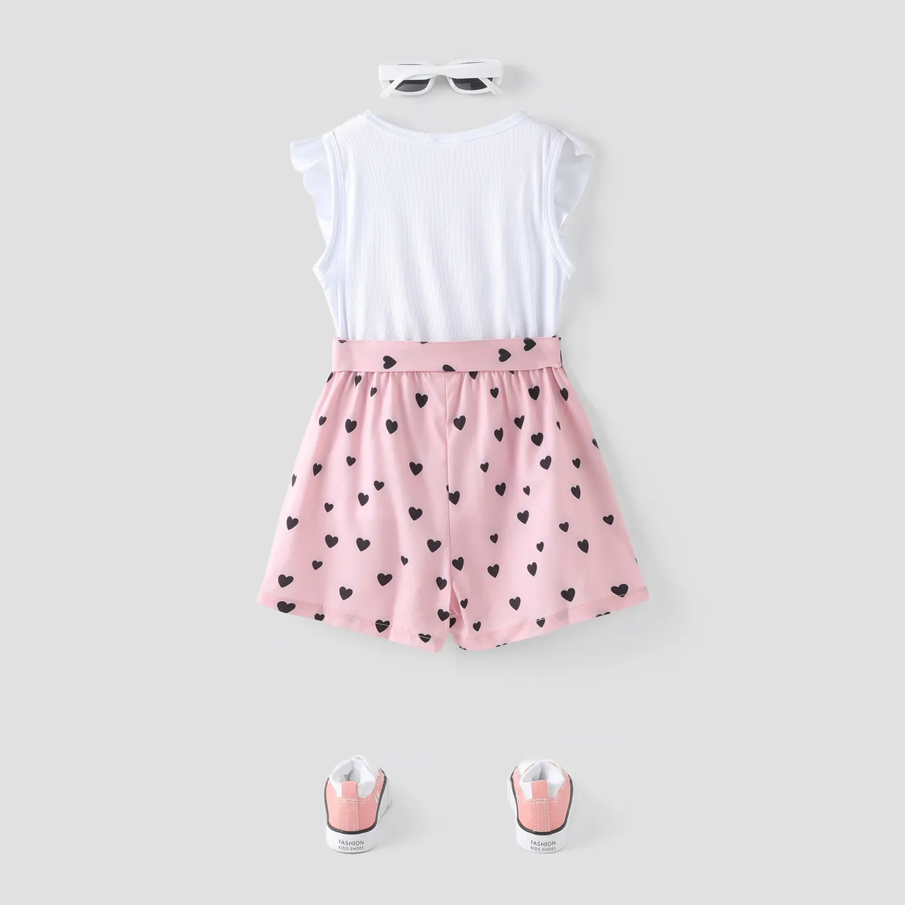 2pcs Kid Girl Letter Print Flutter-sleeve Tee and Heart Print Belted Shorts Set Pink big image 1