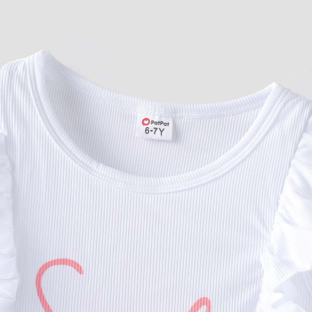 2pcs Kid Girl Letter Print Flutter-sleeve Tee and Heart Print Belted Shorts Set Pink big image 1