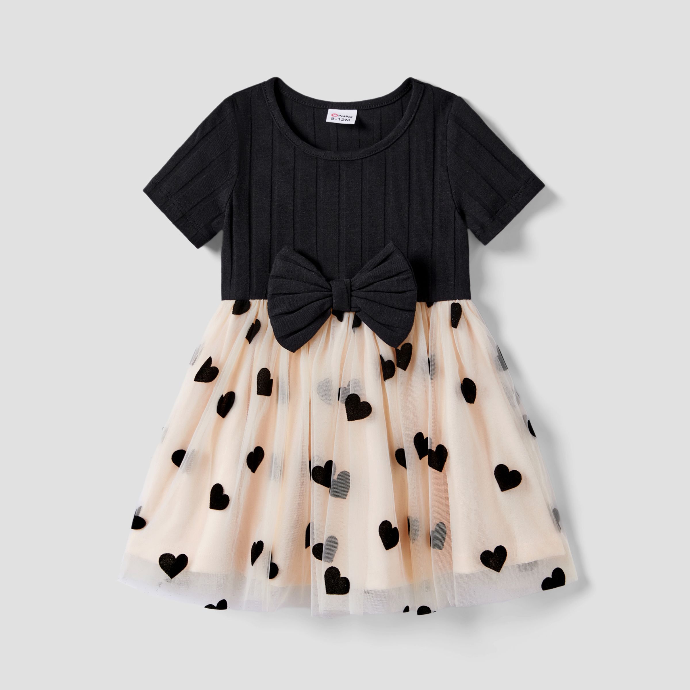 Mommy And Me Black Top Spliced Heart Pattern Mesh Dresses