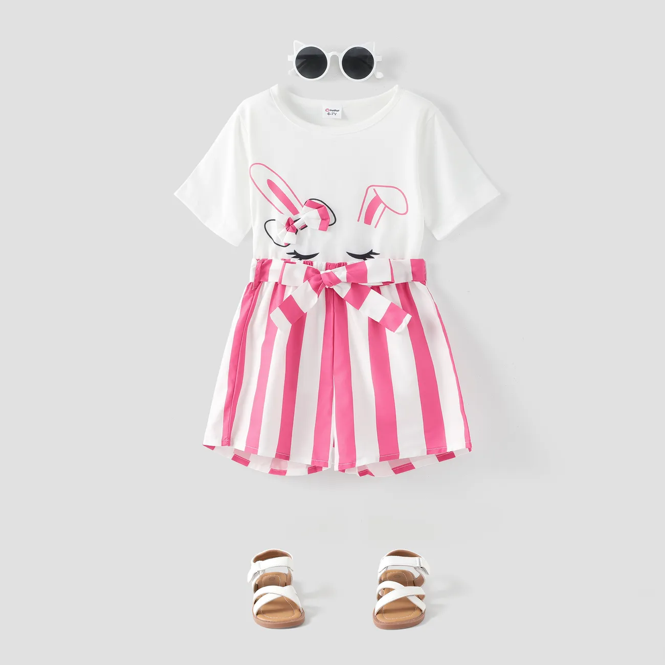 Easter 2pcs Kid Girl 3D Bowknot Design Rabbit Print Tee and Stripe Belted Shorts Set Pink big image 1