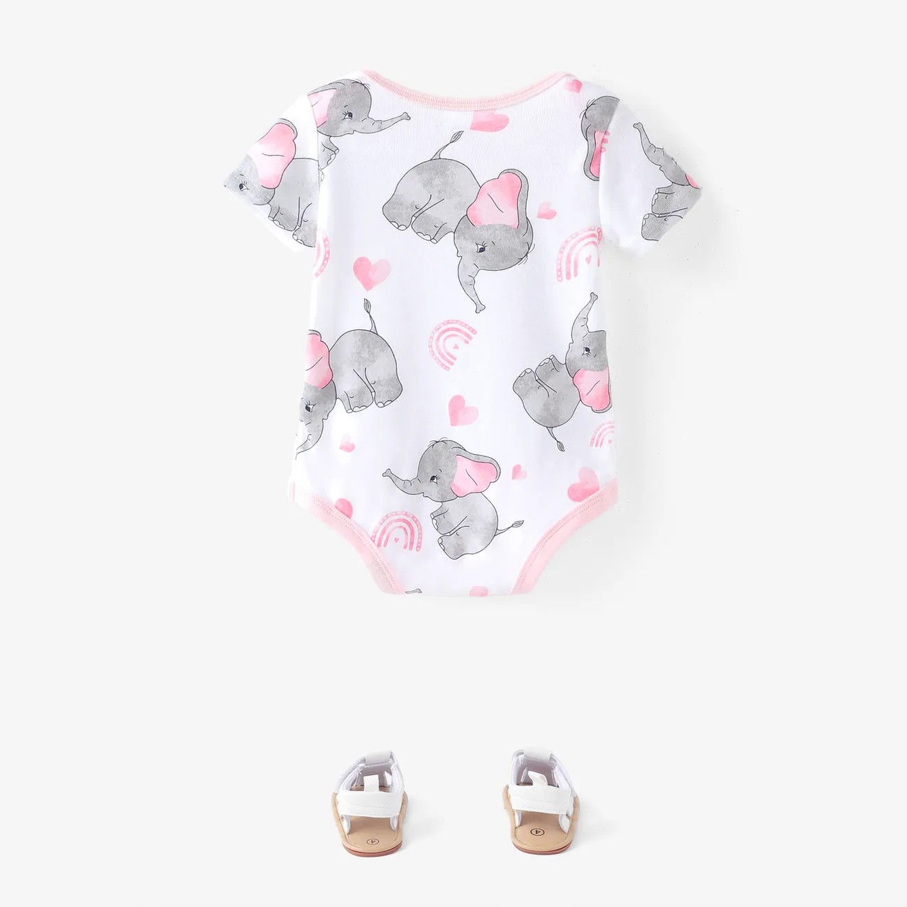 Pacote com 3 macacões de manga curta para bebê/menino com estampa de elefante/cor lisa Rosa big image 1